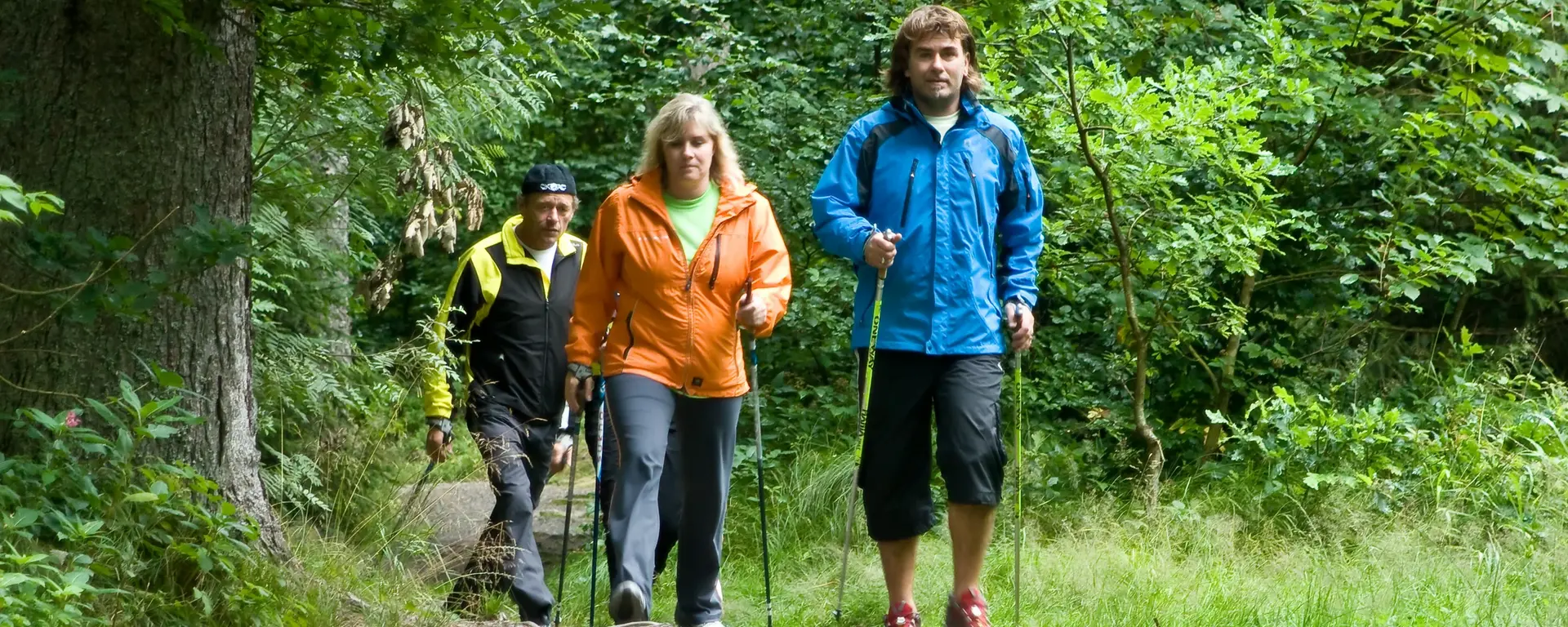 ein paar ist mit Walking Stöcken unterwegs am Waldesrand 